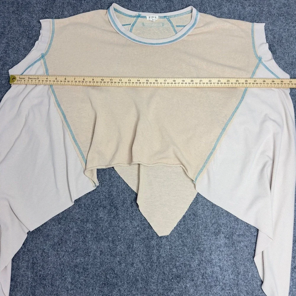 POL Shirt Womens M Beige Knit Crop Oversized Asymmetrical Boho Lagenlook Draped - Picture 7 of 8